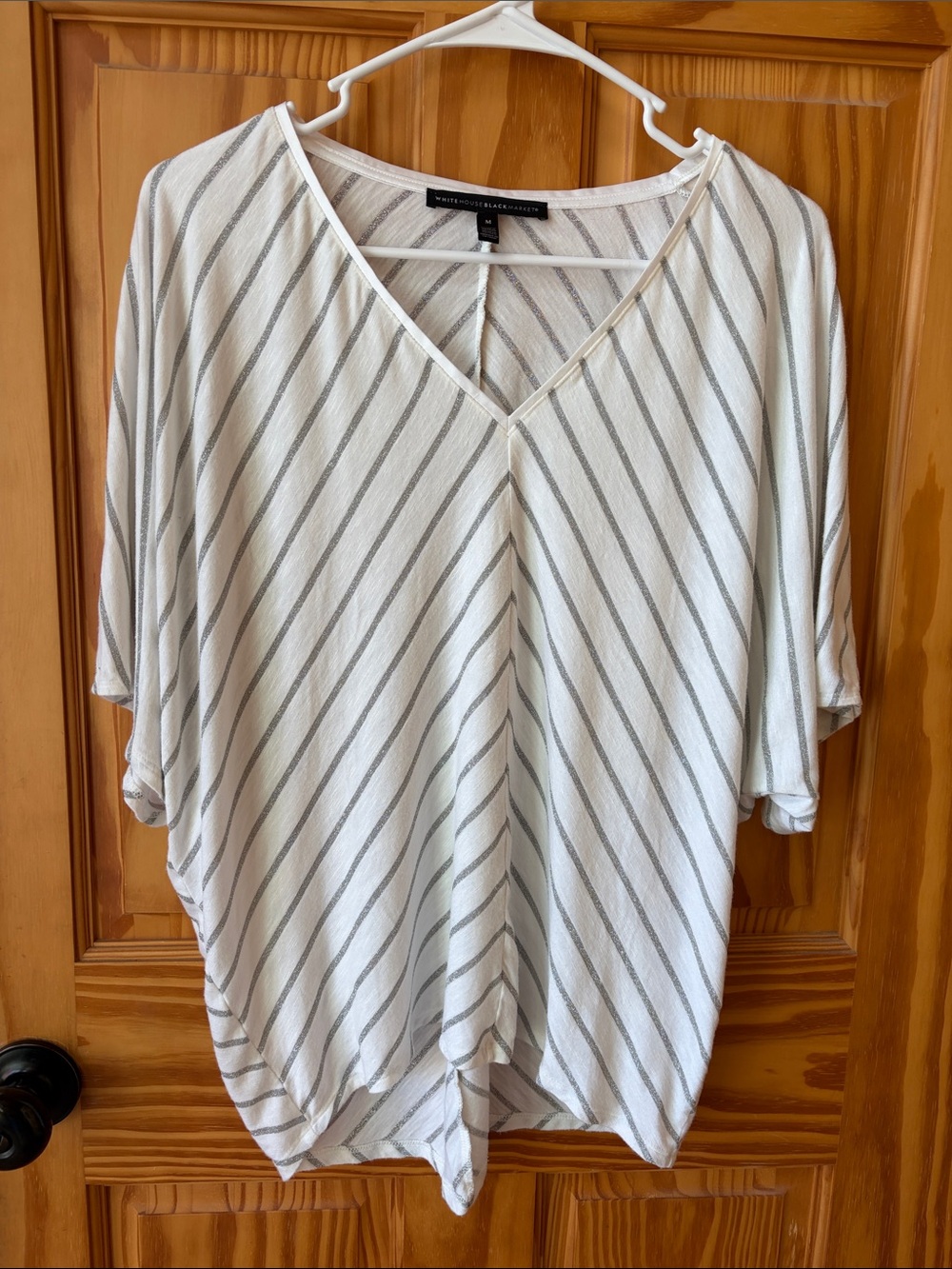 White House Black Market White Top with Gray Diagonal Stripes